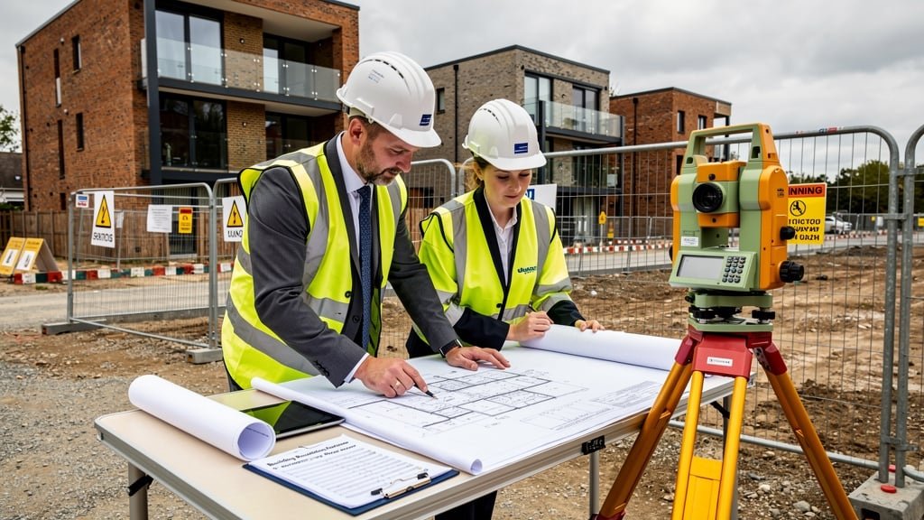 Surveyor and client reviewing building regulations plans in Bath