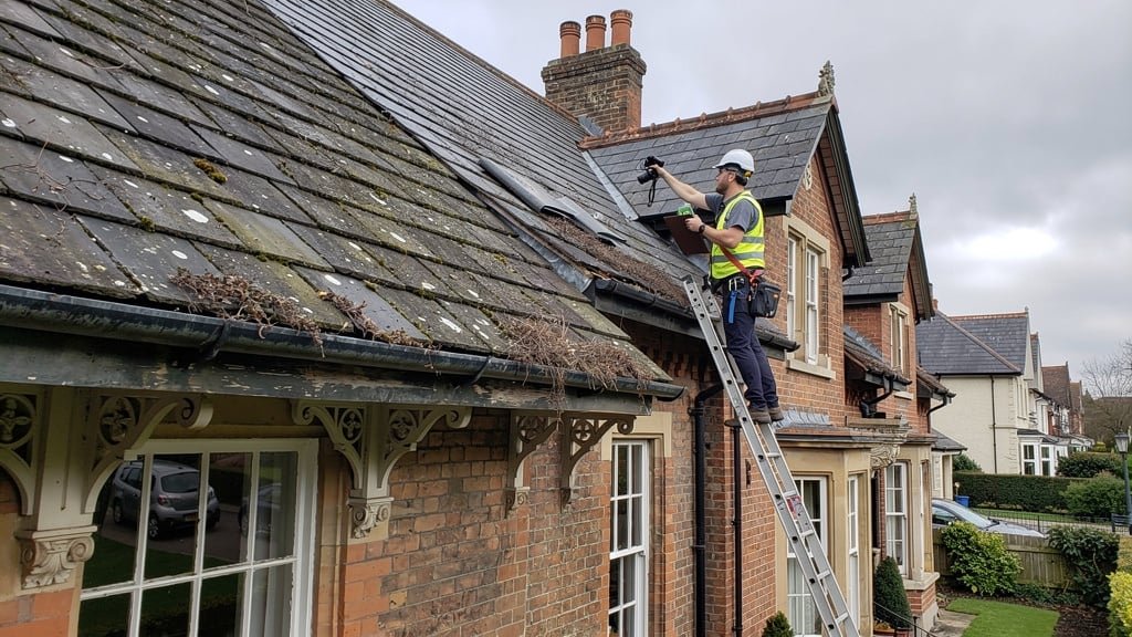 Surveyor inspecting roof and guttering of a period property in Bath